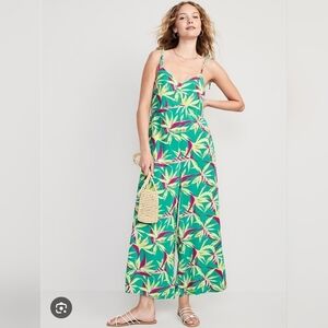 Old Navy Leaf Print Jumpsuit - Green and Pink, Tie Sleeve - Size Small